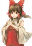  1girl ascot bare_shoulders bow brown_eyes brown_hair bust detached_sleeves dress hair_bow hair_tubes hakurei_reimu hands_together looking_at_viewer red_dress simple_background smile solo touhou white_background wide_sleeves yoss_3 
