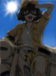  1girl afrika_korps akiyama_yukari alternate_costume brown_eyes brown_hair commentary cskezy dog_tags fatigues from_below girls_und_panzer gloves goggles hand_on_head hat military military_hat military_uniform military_vehicle motor_vehicle motorcycle open_clothes open_jacket open_mouth reichsadler rough short_hair shorts sky sleeves_rolled_up solo sun swastika uniform vehicle world_war_ii 