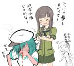  3girls bangs black_hair blood blunt_bangs blush braid eyepatch green_hair hat kantai_collection kiso_(kantai_collection) kitakami_(kantai_collection) long_hair mataichi_mataro multiple_girls nosebleed ooi_(kantai_collection) personification school_uniform serafuku short_hair translated 