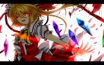  1girl ascot backlighting blonde_hair flandre_scarlet glasses hat hat_ribbon highres letterboxed mob_cap nekominase open_mouth puffy_sleeves red_eyes ribbon sash shirt short_sleeves side_ponytail skirt skirt_set smile solo touhou vest wings wrist_cuffs 