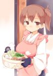  1girl apron breasts brown_eyes brown_hair food hotpot japanese_clothes kaga_(kantai_collection) kantai_collection okiami oven_mitts personification short_hair side_ponytail solo 