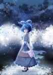  1girl blue_eyes blue_hair dress hair_ornament hair_rings hair_stick hands_in_sleeves highres kaku_seiga light_particles light_smile looking_at_viewer night outdoors shawl sky solo star_(sky) starry_sky touhou uranaishi_(miraura) vest 