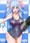  1girl blue_hair bow breasts cleavage curvy fang hair_bow i-19_(kantai_collection) jiseki kantai_collection large_breasts long_hair looking_at_viewer red_eyes smile solo swimsuit thighs wide_hips 