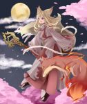  1girl :d animal animal_ears blonde_hair cherry_blossoms clouds facepaint fang fire flying fox fox_ears fox_tail full_moon highres holding japanese_clothes kitsune leaf_print long_hair long_sleeves miko moon night night_sky open_mouth original ribbon-trimmed_sleeves ribbon_trim rinkashline sandals sky smile tail violet_eyes wide_sleeves 