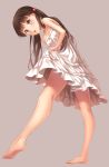  1girl barefoot brown_eyes brown_hair dress dress_lift hair_ornament hairclip long_hair looking_at_viewer original simple_background solo soujun7023 twintails 