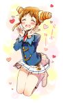  1girl aikatsu! arisugawa_otome blush closed_eyes double_bun jumping open_mouth orange_hair ribbon school_uniform short_hair smile solo yuu_(1197159) 