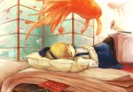  1girl alice_margatroid alice_margatroid_(pc-98) blonde_hair blue_dress blue_eyes book child dreaming dress fish goldfish hair_ribbon half-closed_eyes hand_on_own_stomach long_sleeves lying on_back oversized_object phonograph pillow ribbon shirt solo touhou touhou_(pc-98) yoss_3 