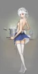  1girl apron back bare_shoulders bottle bow bowl braid breasts cabinet chopsticks cooking counter from_behind full_body grey_background highres indoors izayoi_sakuya ladle looking_at_viewer looking_back maid maid_headdress maredoro naked_apron pot red_eyes short_hair short_sleeves sideboob silver_hair simple_background skirt smile solo standing steam stove thigh-highs touhou twin_braids underwear upskirt white_legwear zettai_ryouiki 