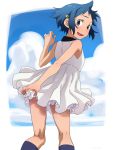  1boy @@@ blue_hair blue_legwear blush crossdressinging dress from_behind gundam gundam_build_fighters hair_ornament hairclip iori_sei smile socks solo trap 