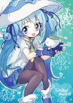  1girl blue_eyes blue_hair cape character_name fingerless_gloves gloves hat hatsune_miku long_hair magical_girl open_mouth pantyhose sitting skirt snow_bunny solo twintails usaco very_long_hair vocaloid witch_hat yuki_miku 