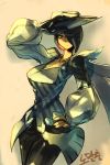  1girl black_hair breasts cleavage fiora_laurent hair_over_one_eye hand_on_hip hat ipgae large_breasts league_of_legends long_sleeves pants puffy_long_sleeves puffy_sleeves short_hair solo 