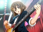  1girl brown_eyes brown_hair guitar hair_ornament hairclip hirasawa_yui instrument k-on! microphone microphone_stand nyoronyoro playing_instrument school_uniform short_hair sleeves_rolled_up solo stage stage_lights 