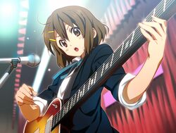  1girl brown_eyes brown_hair guitar hair_ornament hairclip hirasawa_yui instrument k-on! microphone microphone_stand nyoronyoro playing_instrument school_uniform short_hair sleeves_rolled_up solo stage stage_lights 