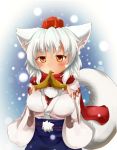  1girl animal_ears blush breasts denak detached_sleeves hand_on_own_chest hat inubashiri_momiji large_breasts looking_at_viewer orange_eyes pom_pom_(clothes) red_scarf scarf short_hair silver_hair snow solo tail tokin_hat touhou wolf_ears wolf_tail 