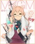  1girl adjusting_glasses ahoge double_bun glasses highres kantai_collection long_hair looking_at_viewer makigumo_(kantai_collection) personification pink_hair ribbon school_uniform skirt sleeves_past_wrists solo sparrowswallow twintails yellow_eyes 