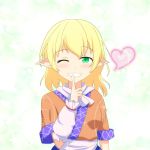  1girl arm_warmers blonde_hair blush cato_(monocatienus) finger_to_mouth green_eyes grin heart looking_at_viewer mizuhashi_parsee pointy_ears short_hair smile solo touhou wink 