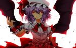  1girl backlighting bat_wings bow brooch dress hat hat_ribbon highres jewelry looking_at_viewer mob_cap nekominase puffy_sleeves purple_hair red_eyes remilia_scarlet ribbon short_sleeves smile solo touhou white_dress wings wrist_cuffs 