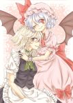  2girls apron ascot bat_wings blue_hair blush bow braid brooch dress fang hand_on_head hat hat_bow head_rest heart hug izayoi_sakuya jewelry looking_at_viewer maid maid_headdress maru_usagi mob_cap multiple_girls open_mouth pink_dress pink_eyes pointy_ears puffy_sleeves remilia_scarlet shirt short_sleeves silver_hair simple_background skirt skirt_set slit_pupils smile touhou twin_braids vest violet_eyes waist_apron white_background wings wink wrist_cuffs 