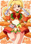  1girl ;d alternate_form aokura_shou blonde_hair brown_eyes choker coconut_samba cure_honey dual_wielding earrings happinesscharge_precure! highres jewelry long_hair magical_girl musical_note oomori_yuuko open_mouth orange_background precure skirt smile solo staff_(music) standing_on_one_leg wand wink 