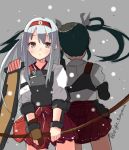  2girls archery artist_name black_hair bow_(weapon) bracer brown_eyes eight_tohyama grey_background hairband japanese_clothes kantai_collection kyuudou long_hair looking_at_viewer miko multiple_girls muneate open_mouth personification red_skirt ribbon shoukaku_(kantai_collection) signature silver_hair skirt twintails twitter_username weapon yugake zuikaku_(kantai_collection) 
