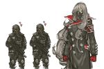  1girl 2boys armband breasts gas_mask gloves glowing glowing_eyes gun heart helghast helmet highres killzone large_breasts long_hair military military_uniform multiple_boys nameo_(judgemasterkou) oxygen_mask red_gloves rifle silver_hair soldier trench_coat uniform weapon 