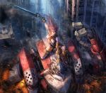  1girl armor battle building cityscape cooljack0614 cyborg gauntlets long_hair mecha original pink_hair realistic robot ruins science_fiction sword weapon 