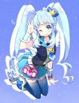  1girl black_legwear blue blue_background blue_eyes blue_hair blue_skirt brooch crown cure_princess grin happinesscharge_precure! jewelry kneeling long_hair magical_girl mini_crown necktie precure shirayuki_hime shoes skirt smile solo tenkirin thigh-highs twintails wink wrist_cuffs 