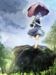  1girl blue_eyes blue_hair blush building clouds cloudy_sky clover_(flower) dress_shirt forest geta grass heiya heterochromia karakasa_obake nature red_eyes rock shirt short_hair skirt sky smile solo tatara_kogasa tongue touhou tree umbrella vest 