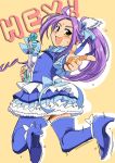  1girl boots cure_beat guitar instrument jumping koyama_shigeru kurokawa_eren long_hair looking_back magical_girl pointing pointing_at_viewer precure purple_hair seiren_(suite_precure) skirt smile suite_precure thigh-highs thigh_boots yellow_eyes 