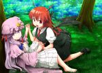  2girls barefoot bat_wings breasts capelet cleavage crescent_hair_ornament dappled_sunlight dress excel_(shena) fang grass hair_ornament hair_ribbon hat head_wings holding holding_hat interlocked_fingers kneeling koakuma large_breasts long_hair looking_at_viewer multiple_girls necktie open_clothes open_coat open_mouth patchouli_knowledge purple_hair red_eyes redhead ribbon shirt sitting skirt skirt_set smile striped striped_dress touhou tree tress_ribbon very_long_hair vest violet_eyes wings 