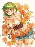  1girl alternate_costume bag bare_shoulders bespectacled flower glasses green_hair hair_flower hair_ornament hairband highres kazami_yuuka orange-framed_glasses red_eyes semi-rimless_glasses shironeko_yuuki short_hair shorts solo thigh-highs touhou under-rim_glasses 