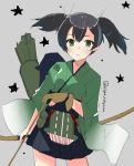  1girl archery arrow artist_name black_hair blue_skirt bow_(weapon) eight_tohyama green_clothes green_eyes grey_background hair_tie japanese_clothes kantai_collection kyuudou looking_at_viewer open_mouth personification quiver short_hair short_twintails signature skirt solo souryuu_(kantai_collection) star twintails twitter_username weapon yugake 