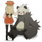  1girl brown_hair cringe goggles hat hug long_hair nintendo panda pokemon simple_background sitting skirt tagme 