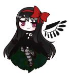  1girl akemi_homura akuma_homura black_hair chibi elbow_gloves fc/efushi gloves hair_ribbon long_hair mahou_shoujo_madoka_magica mahou_shoujo_madoka_magica_movie ribbon simple_background smile spoilers thigh-highs violet_eyes white_background wings 