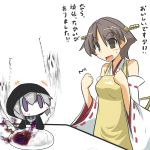  0_0 2girls apron bad_food blush_stickers brown_eyes brown_hair chibi commentary curry curry_rice detached_sleeves eating food gomasamune headgear hiei_(kantai_collection) hood kantai_collection multiple_girls nontraditional_miko pale_skin personification re-class_battleship ribbon-trimmed_sleeves ribbon_trim rice short_hair spoon translated violet_eyes 