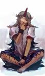  1girl barefoot blonde_hair faux_traditional_media full_body hand_on_own_chin highres horn hoshiguma_yuugi ibitsu indian_style long_hair pointy_ears short_sleeves sitting solo t-shirt touhou wink 
