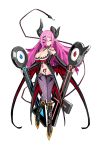  1girl ashmedia bat_wings boots breasts cleavage expressionless green_eyes hair_ornament hair_over_one_eye hairclip harada_takehito horns knee_boots large_breasts long_hair makaijin_trillion mars_symbol official_art pantyhose purple_hair purple_legwear solo venus_symbol white_background wings 