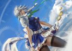  1girl blue_eyes braid breasts cleavage dutch_angle garter_straps izayoi_sakuya looking_at_viewer maid silver_hair solo thigh-highs touhou twin_braids watch wrist_cuffs youyi_(ww5413203) 