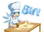  1girl alternate_costume blue_eyes blue_hair chef_hat cirno dough hat highres nac0n open_mouth pun rolling_pin short_hair signature simple_background skirt skirt_set sleeves_rolled_up solo table toque_blanche touhou white_background wings 