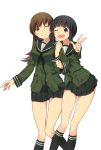  2girls ;d arm_lock bangs black_hair blunt_bangs blush braid brown_eyes brown_hair hakui_ami highres kantai_collection kitakami_(kantai_collection) long_hair looking_at_viewer multiple_girls ooi_(kantai_collection) open_mouth personification pleated_skirt school_uniform serafuku simple_background skirt smile v white_background wink 