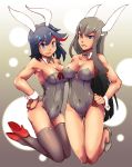  2girls animal_ears black_hair blue_eyes bowtie bunny_girl bunnysuit cleavage detached_collar frown high_heels kill_la_kill kiryuuin_satsuki kneeling leotard long_hair matoi_ryuuko multiple_girls ni_zhenghe rabbit_ears short_hair smile thighhighs wrist_cuffs 