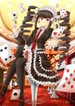  1girl black_hair bonnet card celestia_rudenberk dangan_ronpa drill_hair frills gothic_lolita lolita_fashion long_hair necktie playing_card red_eyes smile solo thighhighs twin_drills twintails villyane 