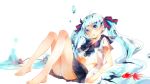  1girl barefoot blue_eyes blue_hair bottle_miku fish hair_ribbon hatsune_miku highres jmjmjm_(jm648223960) liquid_hair long_hair midriff open_mouth panties ribbon school_uniform serafuku sitting skirt solo striped striped_panties twintails underwear very_long_hair vocaloid white_background 