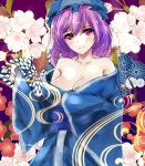  1girl background breasts cleavage faux_traditional_media flower japanese_clothes kimono large_breasts mob_cap obi off_shoulder pink_eyes pink_hair saigyouji_yuyuko sash short_hair sleeves_past_wrists smile solo takane_soprano touhou traditional_clothes wavy_hair wide_sleeves 