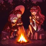  1girl ^_^ aquanut bare_shoulders boots braid brown_eyes brown_hair campfire cape closed_eyes detached_sleeves fire_emblem fire_emblem:_kakusei gloves hairband hat henry_(fire_emblem) long_hair long_sleeves nintendo olivia_(fire_emblem) open_mouth pink_hair ponytail richt_(fire_emblem) short_hair sitting smile white_hair 