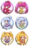  6+girls aino_megumi alternate_form arm_up artist_name black_legwear blonde_hair blue_eyes blue_hair blue_skirt boots bow cherry_flamenco chibi choker coconut_samba cure_honey cure_lovely cure_princess dress dual_persona earrings flower frills green_skirt hair_bow hair_bun hair_flower hair_ornament happinesscharge_precure! jewelry jumping katsuma_rei knee_boots lollipop_hip_hop long_hair macadamia_hula_dance magical_girl multiple_girls oomori_yuuko pantyhose pink_eyes pink_hair ponytail popcorn_cheer precure red_dress red_rose rose sherbet_ballet shirayuki_hime shoes skirt smile thigh-highs twintails white_legwear yellow_eyes yellow_skirt 