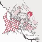  1girl bell checkered globe hair_bell hair_ornament highres japanese_clothes monochrome motoori_kosuzu paper red_eyes spot_color touhou uewtsol wide_sleeves 