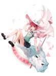  1girl azure090 hat heart highres kazari_rin mary_janes musical_note pink_eyes pink_hair ribbon school_uniform scythe shoes short_hair skirt skull solo witch_craft_works witch_hat 
