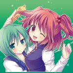  2girls blush cosplay costume_switch green_background green_eyes green_hair hair_bobbles hair_ornament looking_at_viewer multiple_girls no_hat onozuka_komachi onozuka_komachi_(cosplay) open_mouth red_eyes redhead rod_of_remorse shikieiki_yamaxanadu shikieiki_yamaxanadu_(cosplay) short_hair smile star starry_background swami touhou twintails wink 