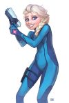  der_razputin elsa_(frozen) frozen_(disney) gun highres nervous pistol platinum_blonde smile weapon zero_suit 